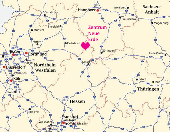 Kontakt - Zentrum Neue Erde
Mitten im Dreiländer-Eck von Nordrhein-Westfalen - Hessen - Niedersachsen